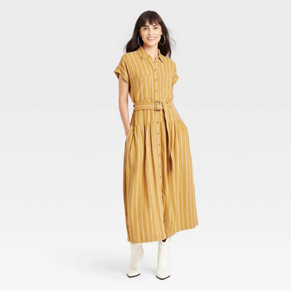 Women's Short Sleeve Belted Midi Shirtdress - Universal Thread™ Yellow Striped L Product Image