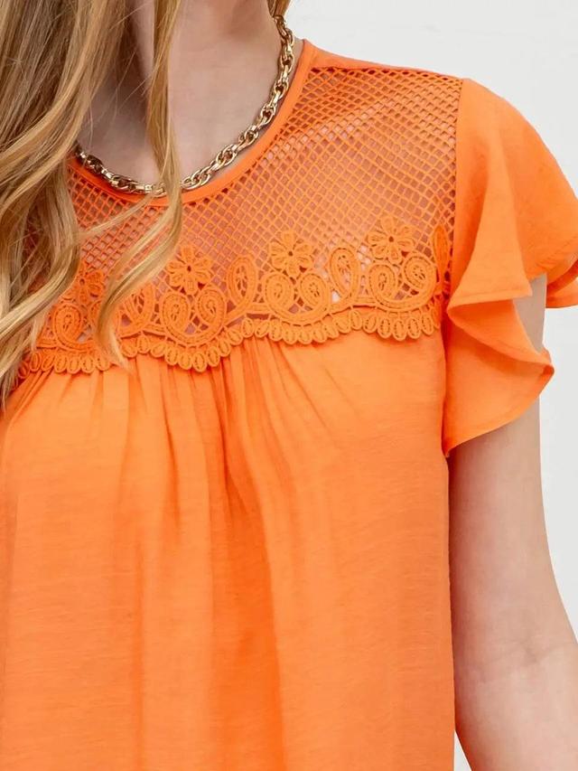 Orange Mesh Crochet Yoke Ruffle Sleeve Blouse Female Product Image