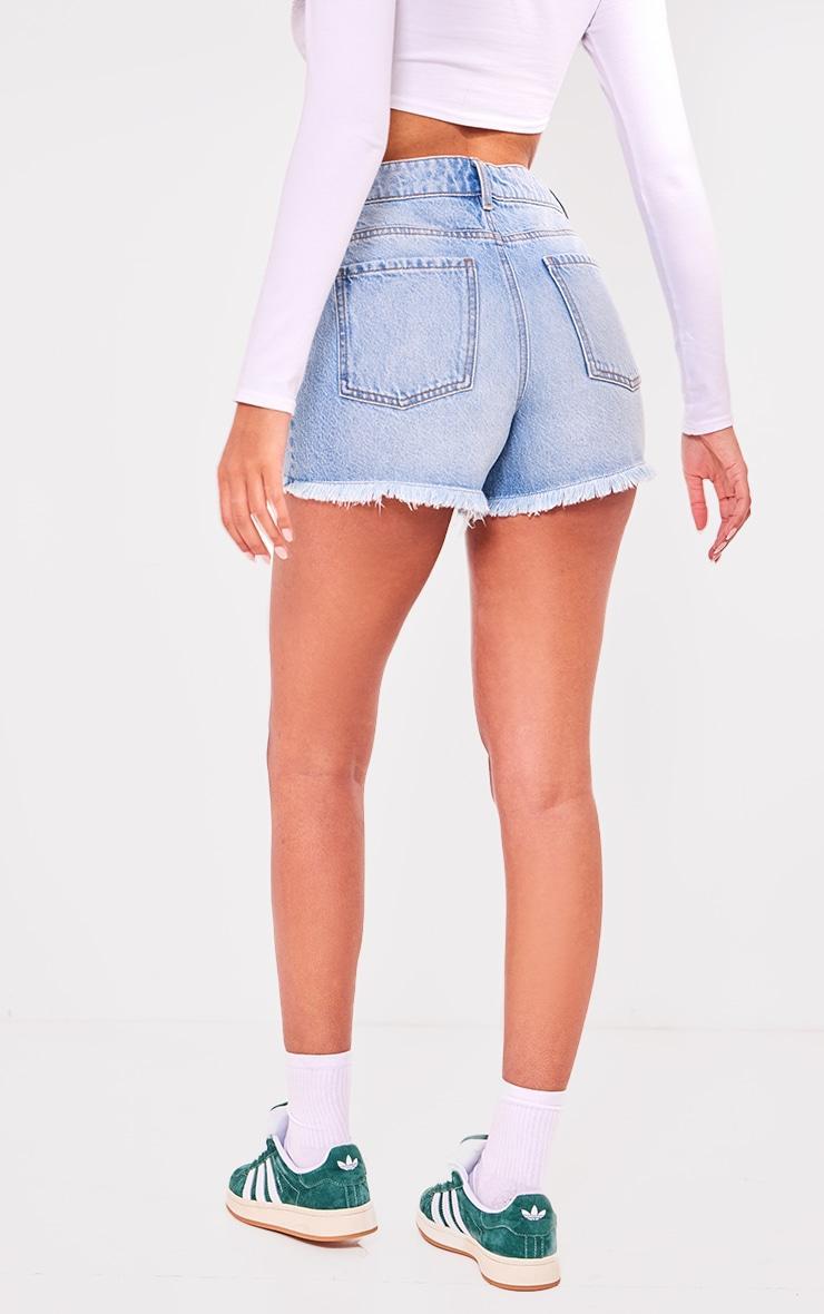 PRETTYLITTLETHING Tall Vintage Mid Wash Distressed Mid Rise Denim Shorts Product Image