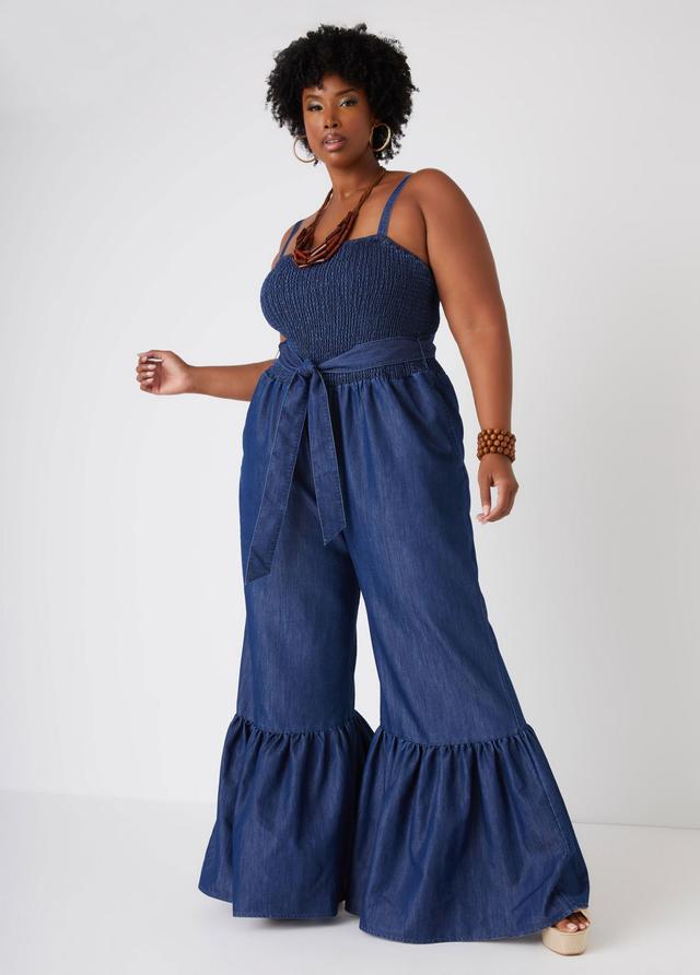 Plus Size Bell Bottom Chambray Jumpsuit Ashley Stewart Product Image