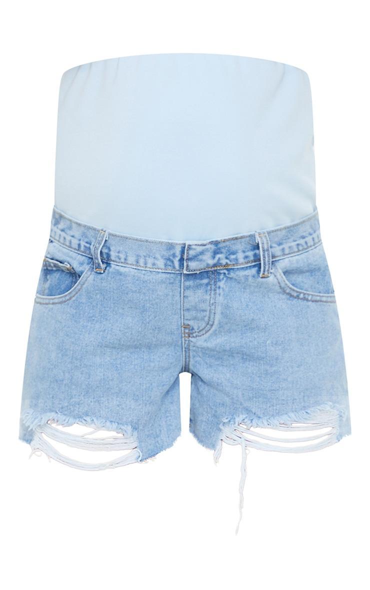 Maternity Blue Belly Band  Light Wash Ripped Denim Shorts Product Image