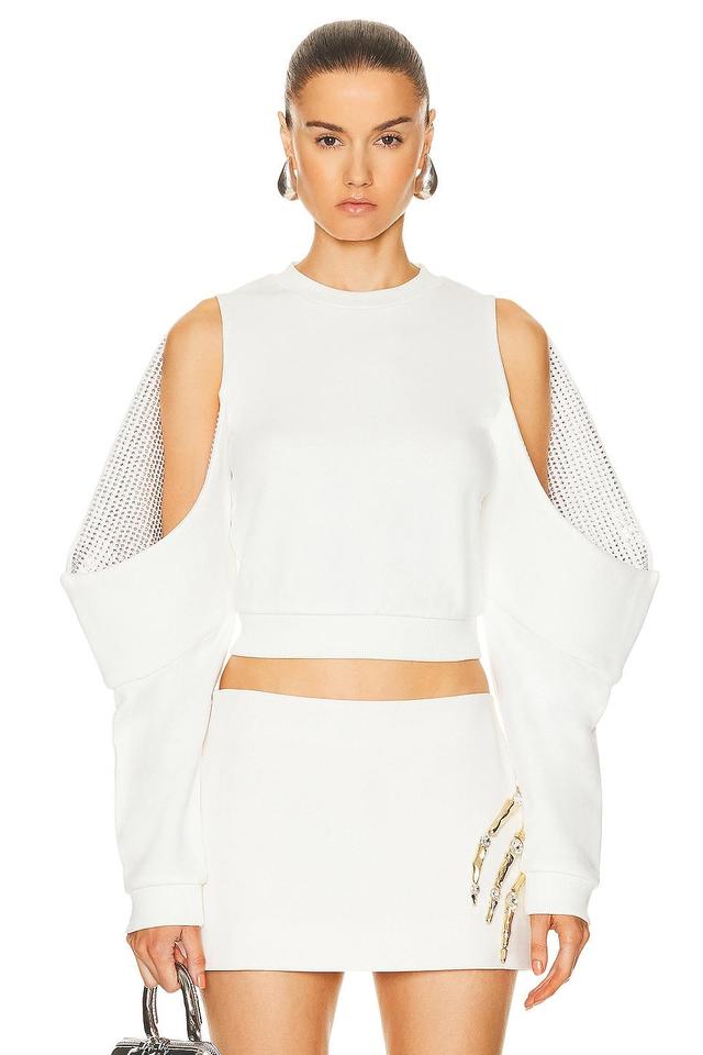 AREA Crystal Embellished Cold Shoulder Sweatshirt in White Product Image