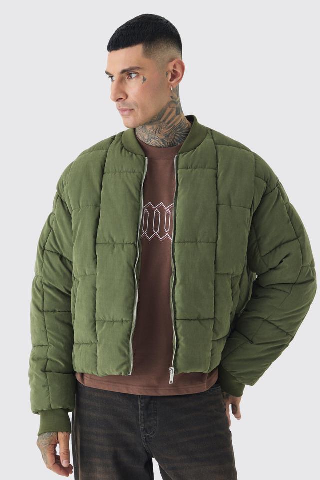 Mens Green Tall Boxy Peached Square Quilted Bomber Jacket, Green Product Image