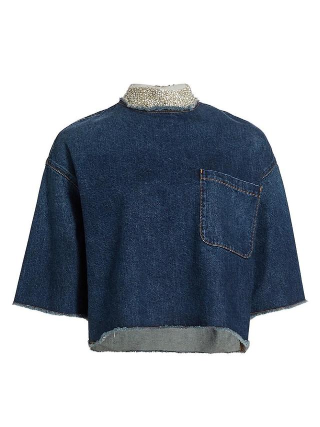 Womens Embellished Collared Denim Top Product Image