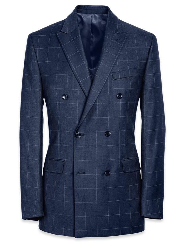 Tailored Fit Essential Wool Double Breasted Peak Lapel Suit Jacket - Navy Windowpane Product Image