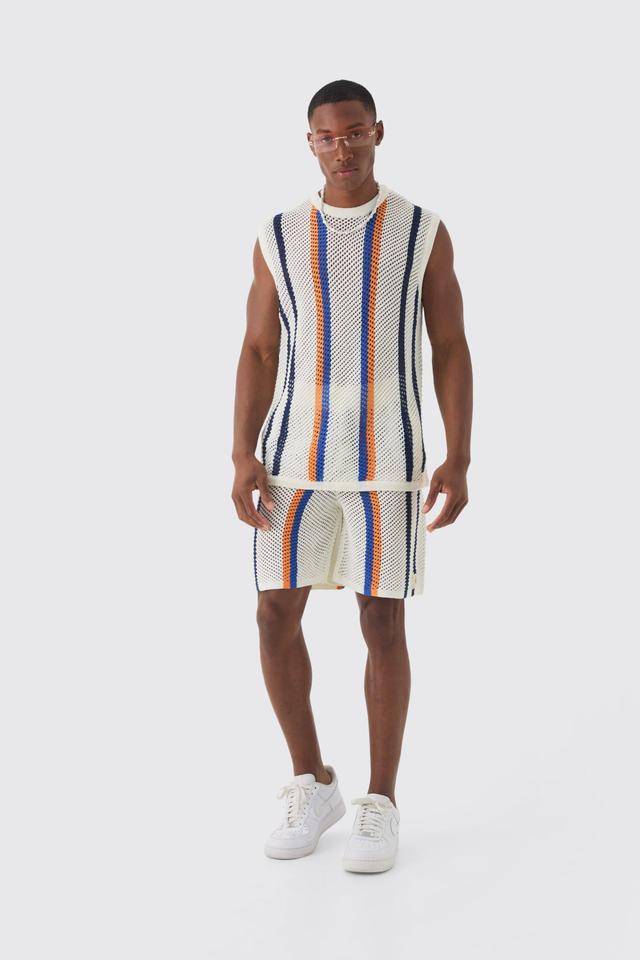 Oversized Open Stitch Stripe Knitted Tank Set | boohooMAN USA Product Image