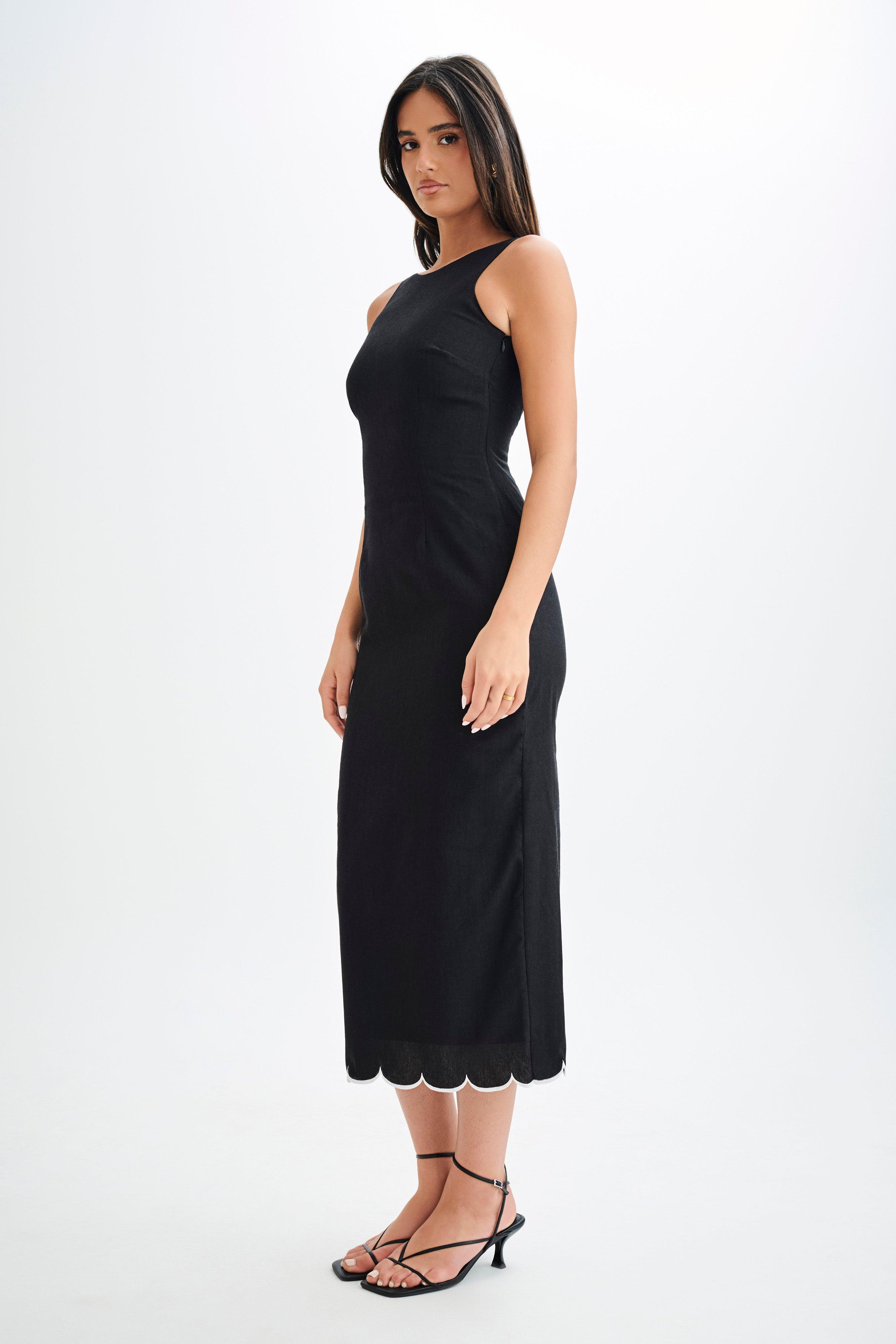 Sofiane Scalloped Linen Midi Dress - Black Product Image