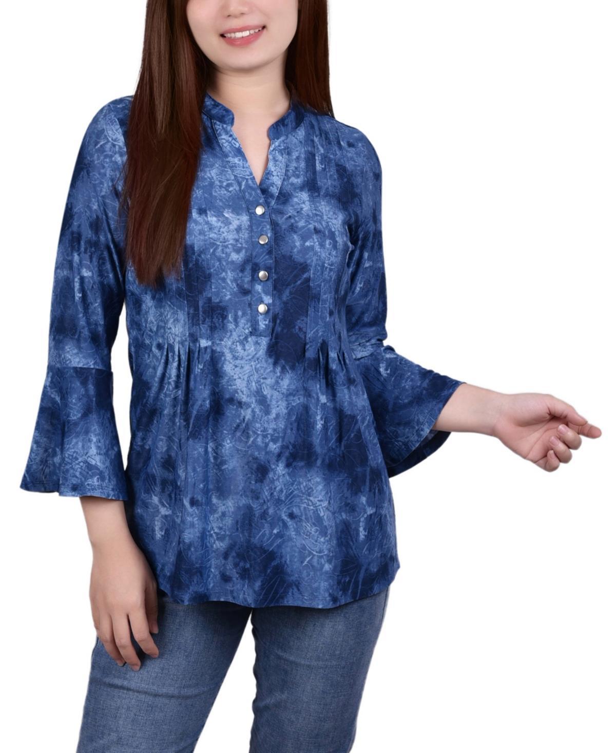 Ny Collection Petite 3/4 Bell Sleeve Printed Pleat Front Y-neck Top Product Image