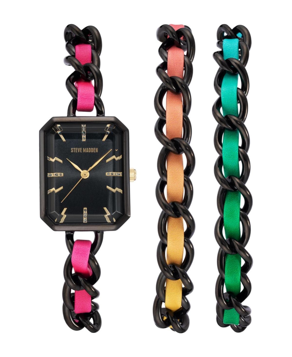 Steve Madden Womens Rainbow Polyurethane Leather Strap with Attached Black-Tone Chain Watch Set, 22X28mm - Black, Multi Product Image