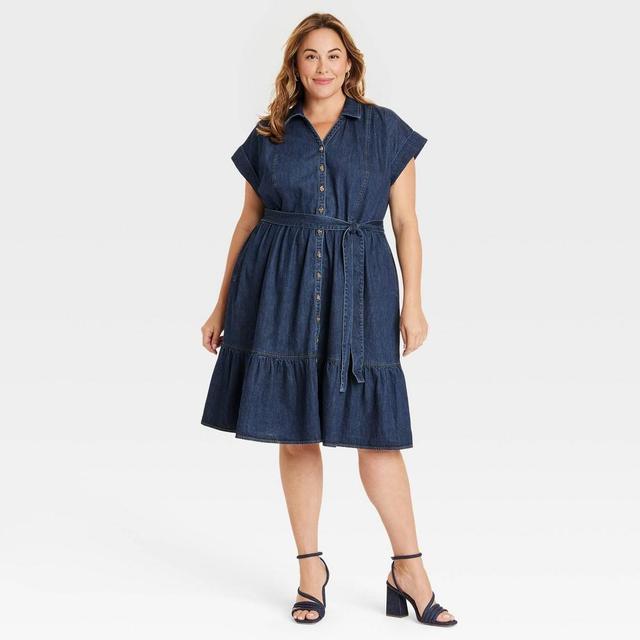 Womens Short Sleeve Denim Tiered Midi A-Line Dress - Ava & Viv Dark Wash 4X Product Image