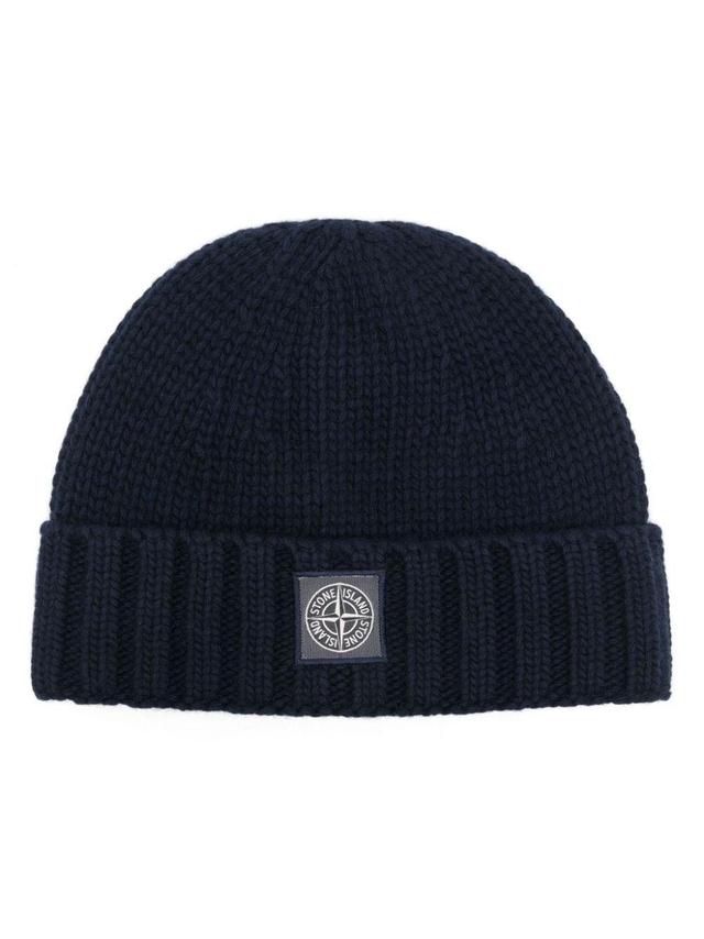 Compass-patch Wool Beanie In Blue Product Image