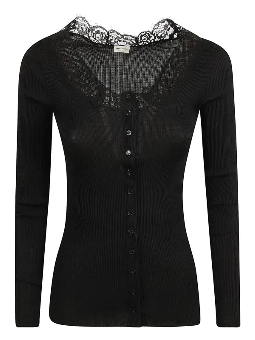 Laced Buttoned Cardigan In Black Product Image