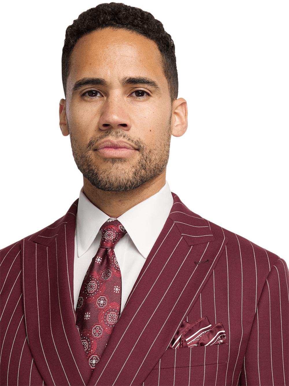 Wool Stretch Stripe Double Breasted Peak Lapel Suit - Burgundy Product Image