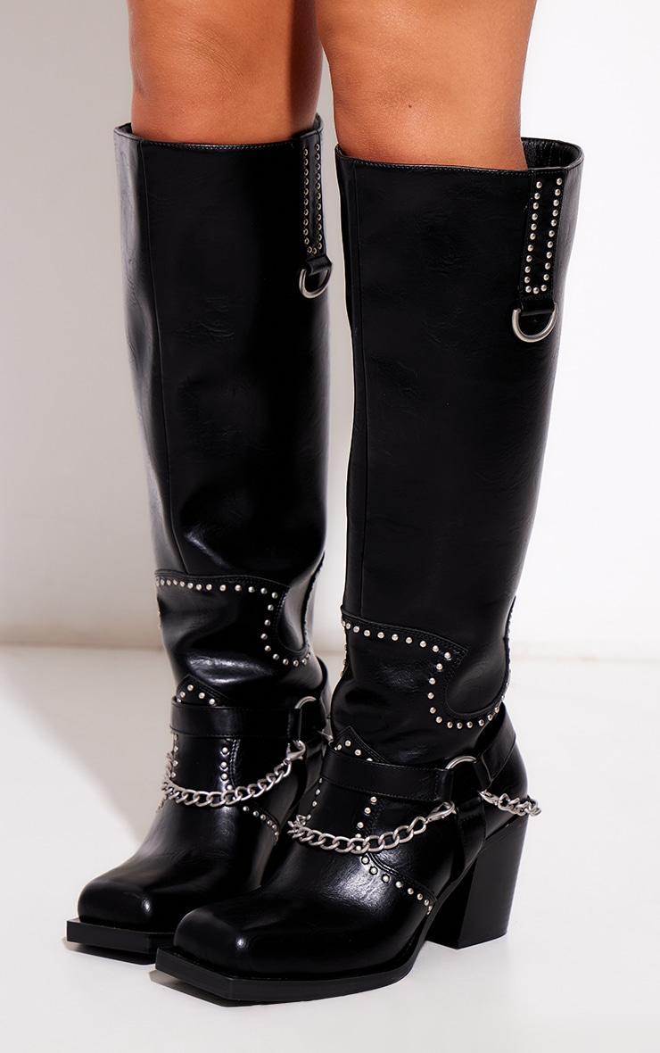 Black PU Square Toe Studded Chain Detail Knee High Boots Product Image