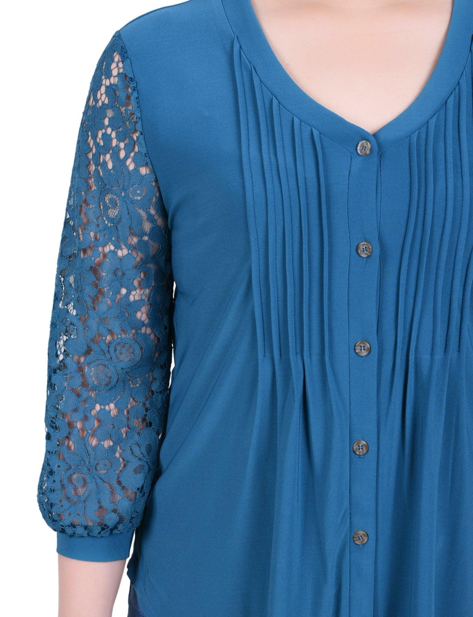 Lace-Sleeve V Neck Top - Petite Product Image