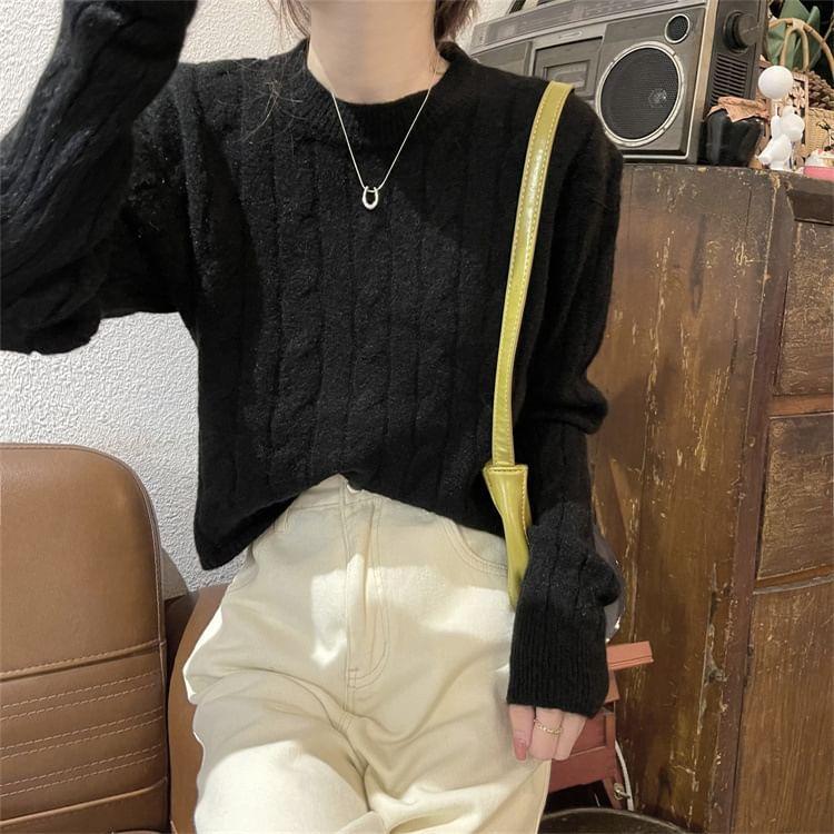 Round Neck Plain Cable Knit Crop Sweater Product Image