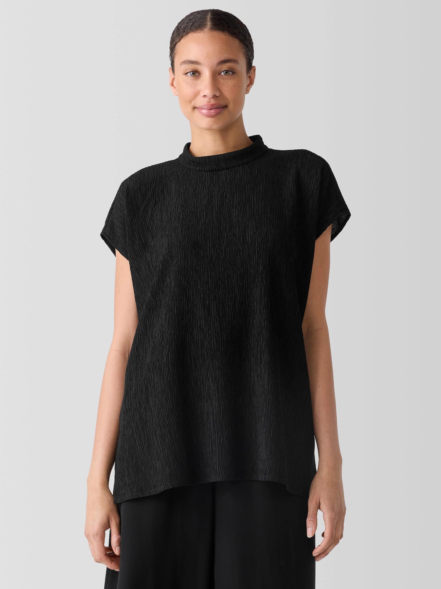 EILEEN FISHER Woven Plissé Mock Neck Topfemale Product Image