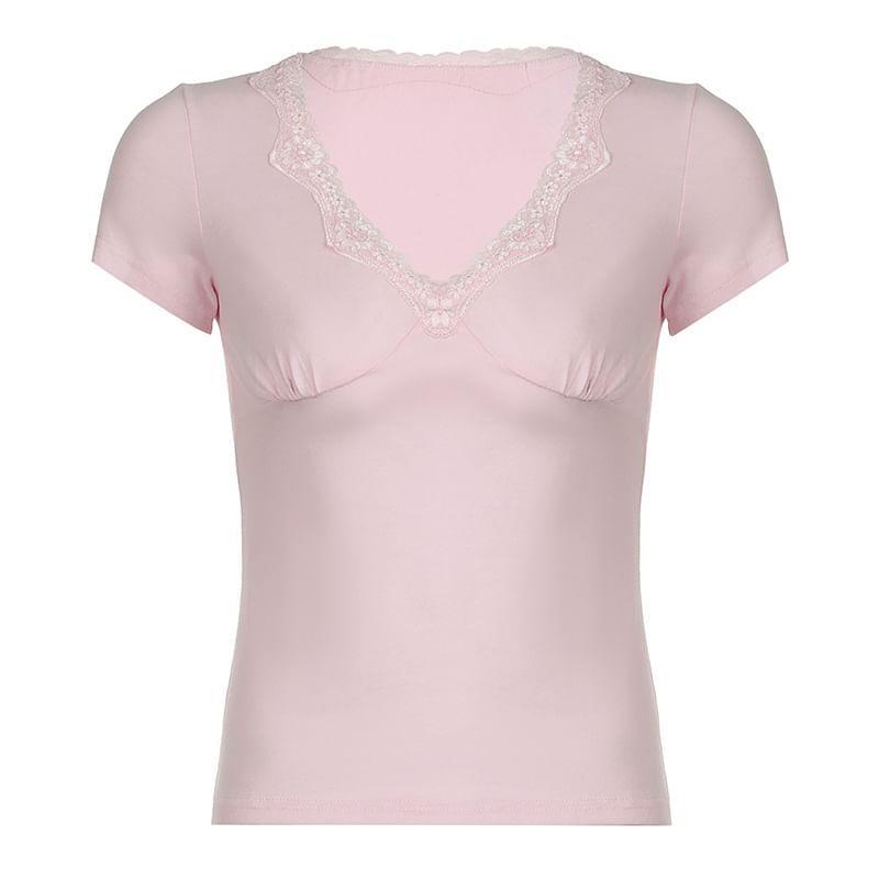 Short-Sleeve V-Neck Plain Lace Trim T-Shirt Product Image