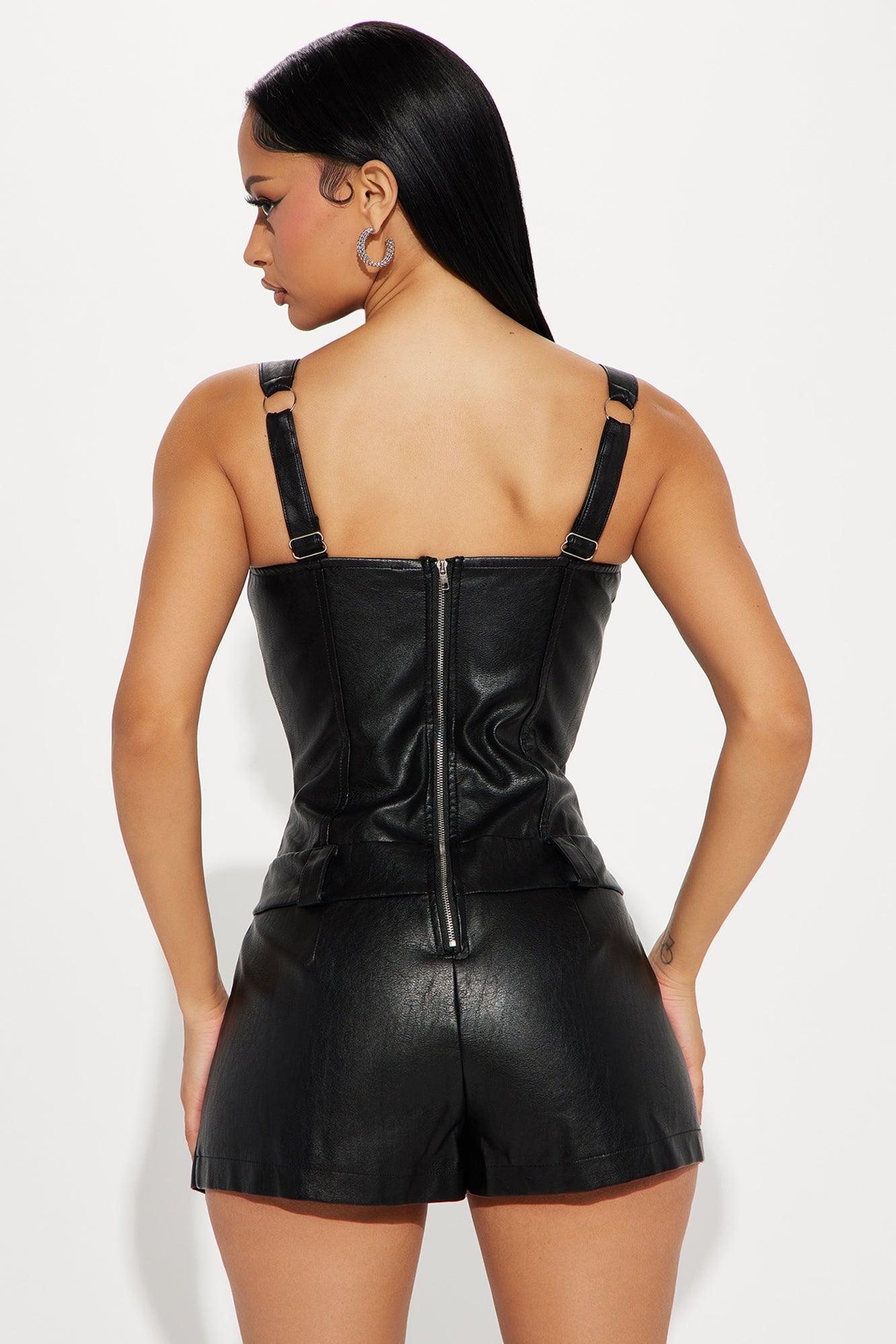 Never Mine Faux Leather Romper - Black Product Image