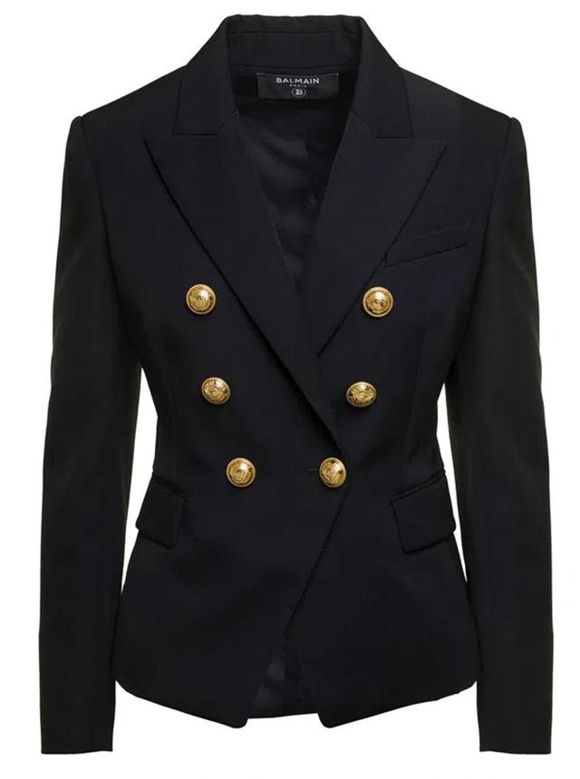 BALMAIN Black Double-breasted Jacket With Branded Buttons And Asymmetric Cut In Wool Woman Product Image