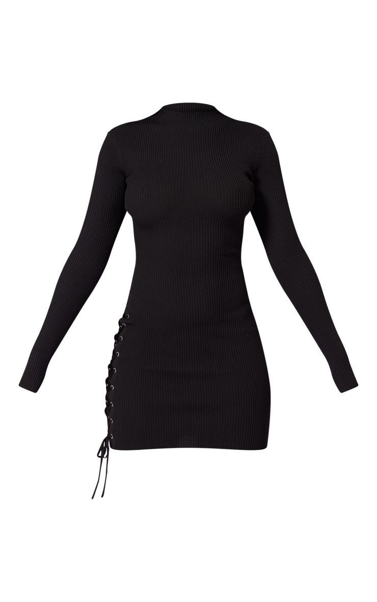 Black Eyelet Lace Up Side Ring Knit Dress Product Image