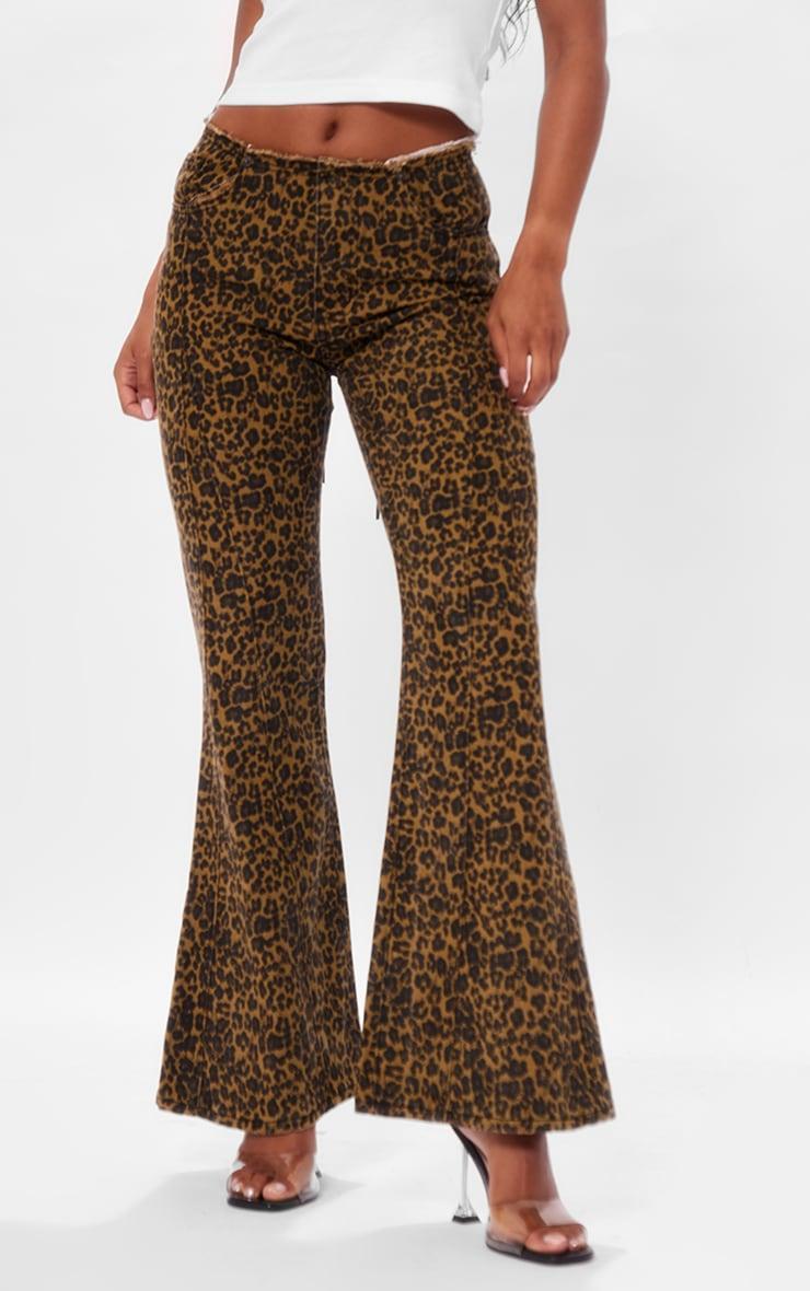 Leopard Dipped Lace Up Back Flared Denim Jean Product Image