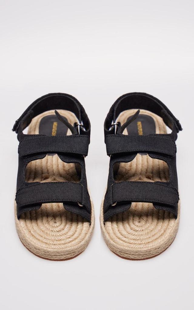 Black Linen Look Espadrille Sole Velcro Sandals Product Image