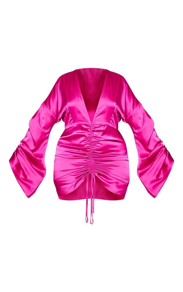 Plus Fuchsia Satin Plunge Ruched Front Dress Product Image