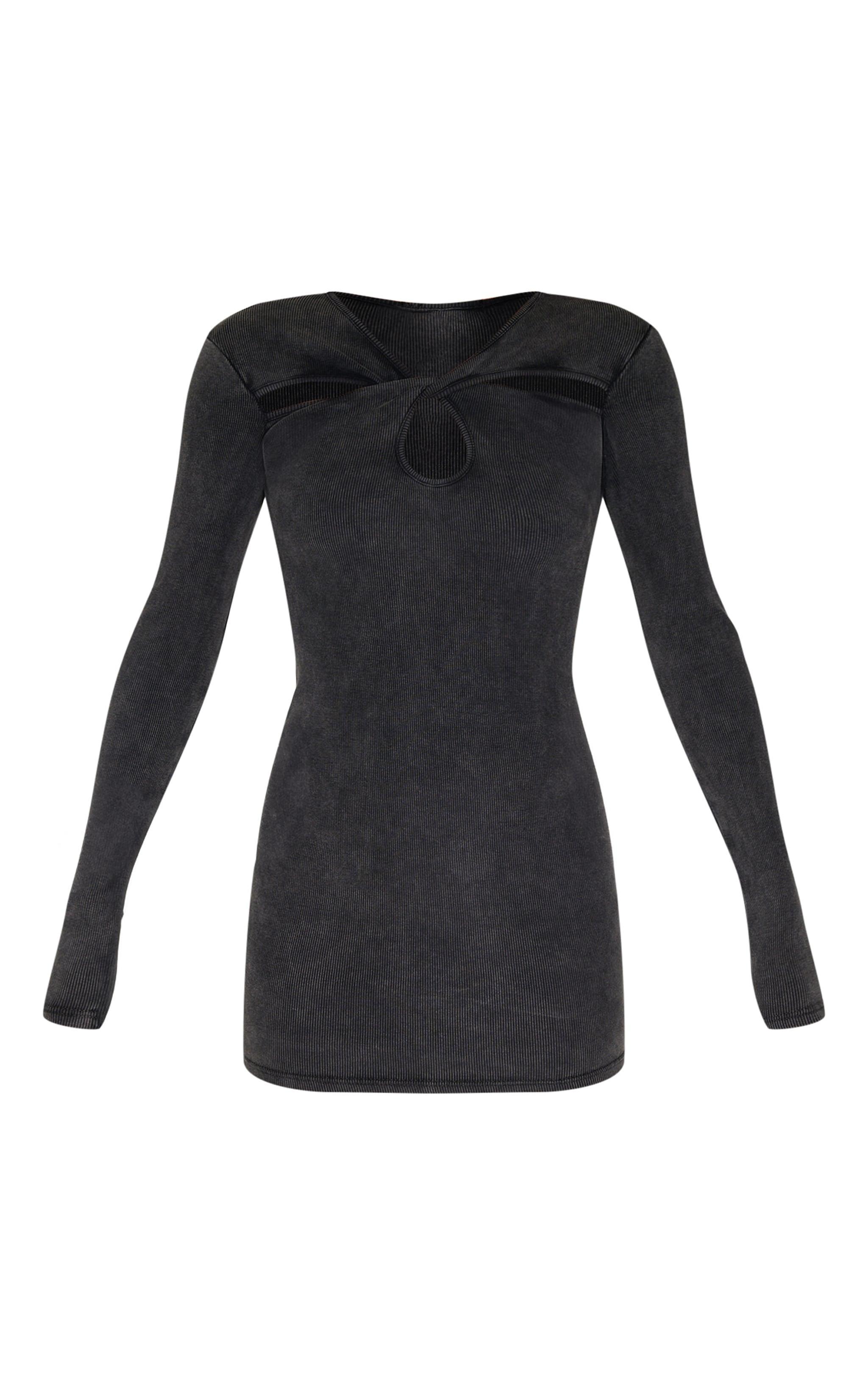 Dark Grey Acid Wash Cut Out Long Sleeve Bodycon Dress Product Image