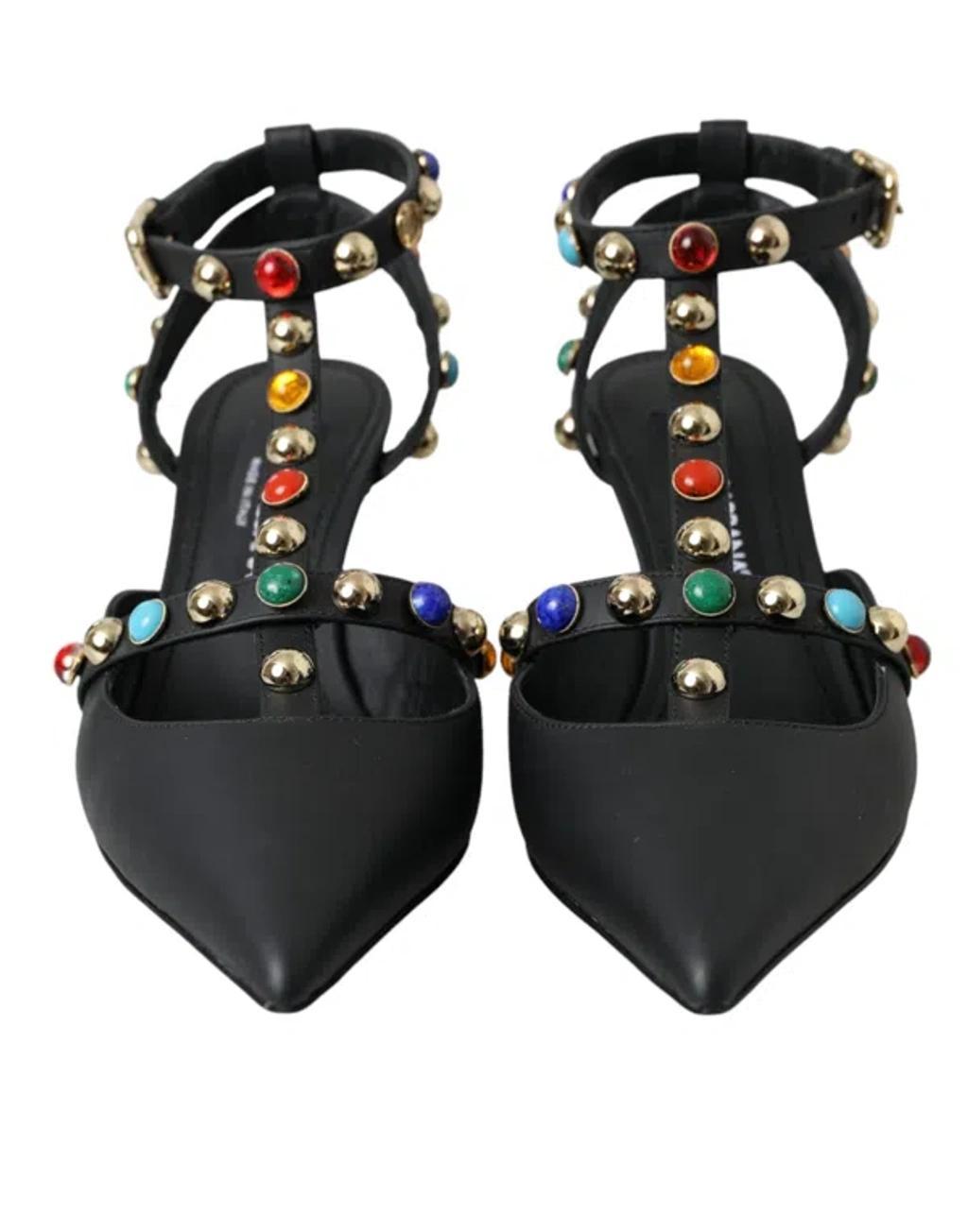 DOLCE & GABBANA Black Leather Embellished Heels Sandal Shoes Product Image