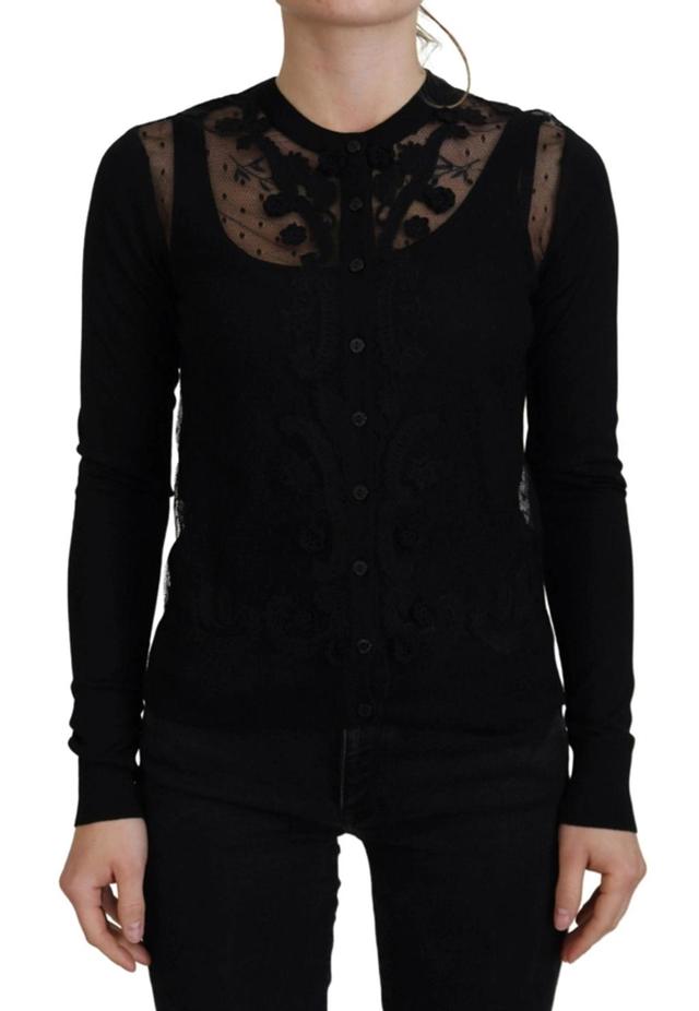 Black Floral Lace Button Cardigan Sweater Product Image