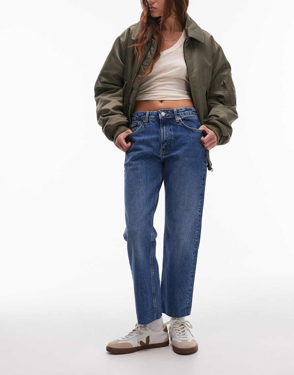 Topshop cropped mid rise straight jeans with raw hems in mid blue  Product Image