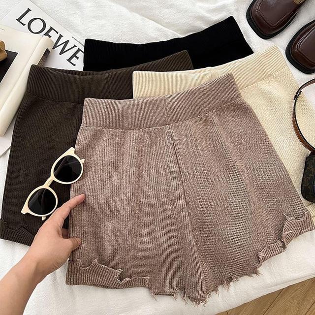 High Waist Plain Distressed Ribbed Knit Shorts Product Image