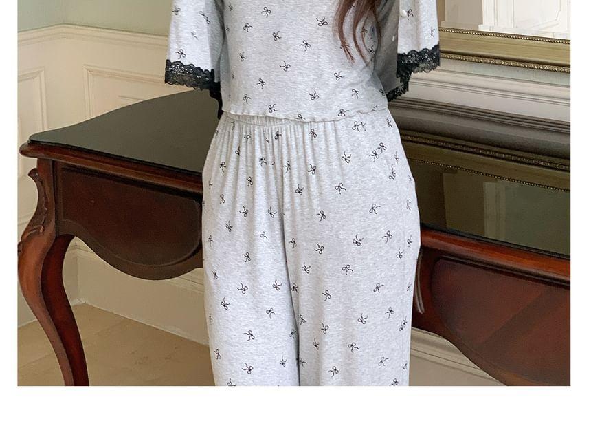 Pajama Set: Bow Print Lace Trim Camisole Top + Light Jacket + Pants Product Image