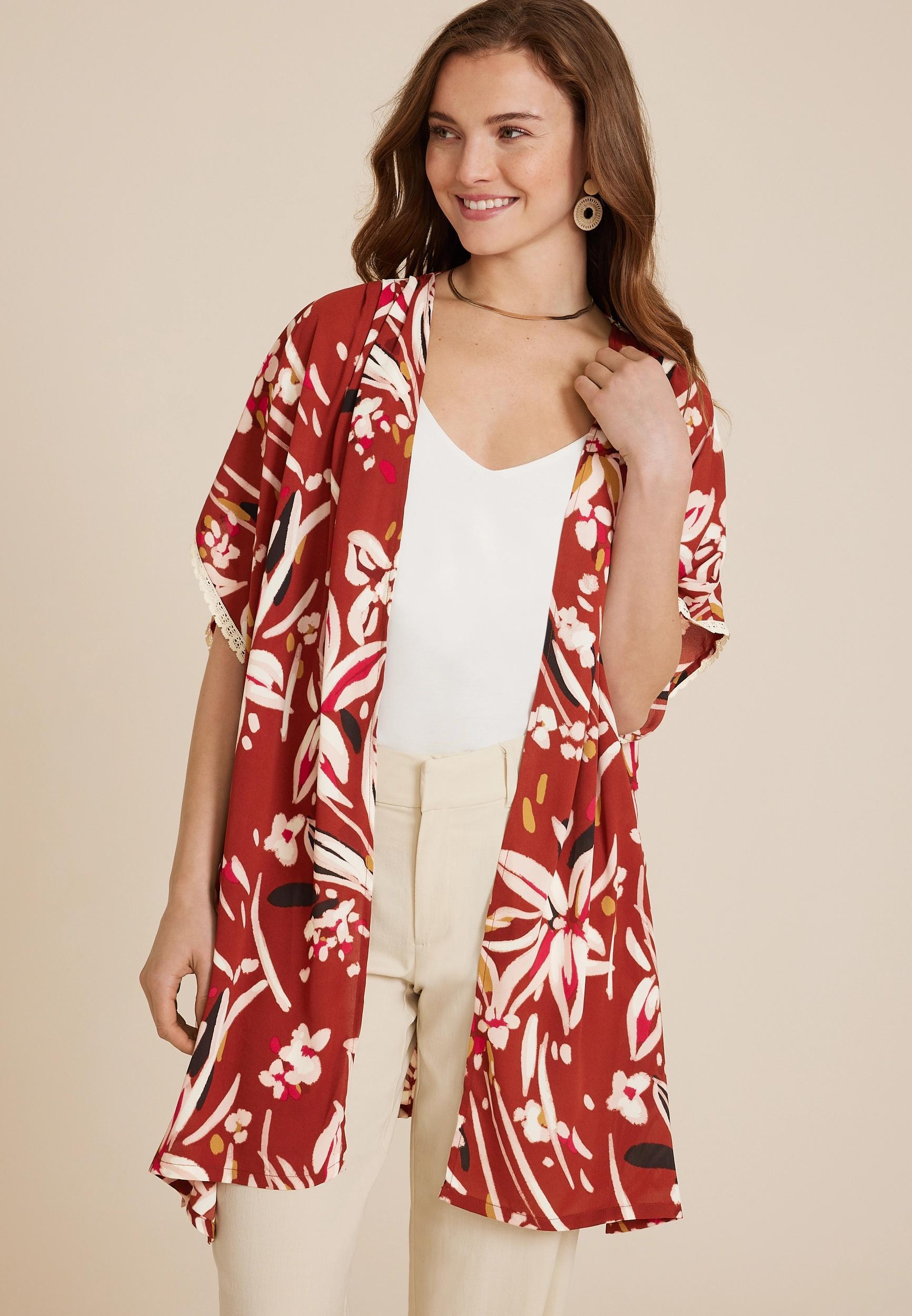 Printed Lace Trim Kimono Product Image