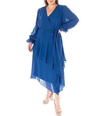 Maison Tara Plus Size Asymmetrical Tiered Ruffle Long Sleeve V-Neck Faux Wrap Midi Dress Product Image