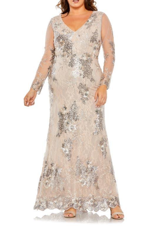 Mac Duggal Womens V Neck Mesh Long Sleeve Embroidered Gown Product Image