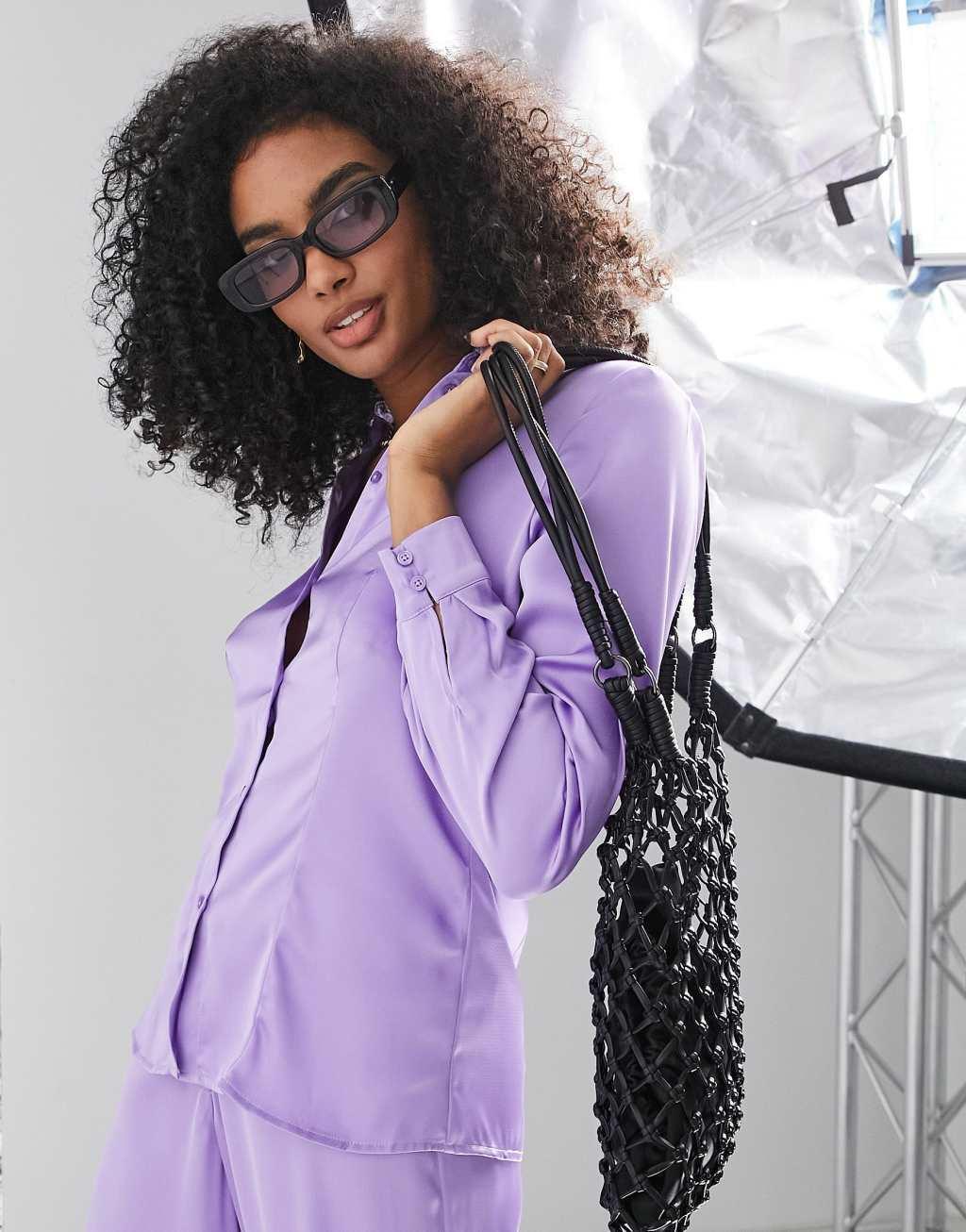 Vila exclusive fitted satin shirt in purple - part of a set Product Image