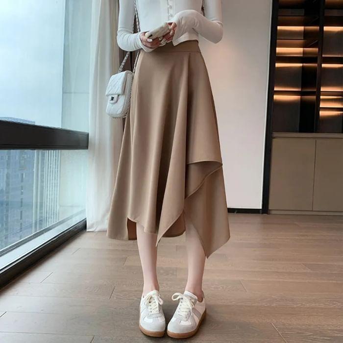 High Waist Plain Asymmetrical Midi A-Line Skirt Product Image