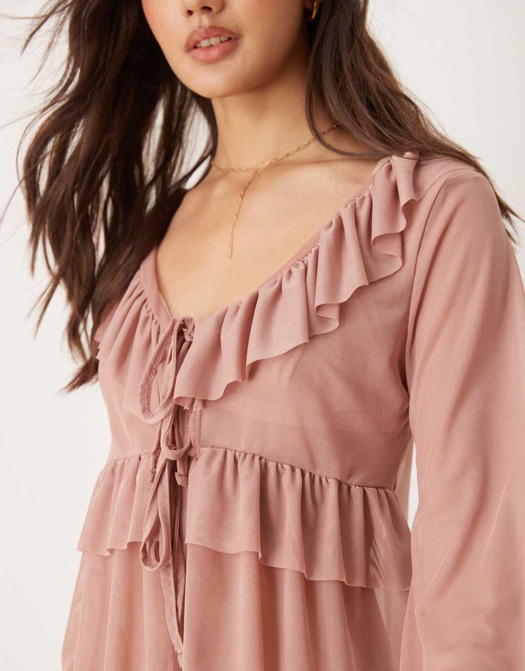 Miss Selfridge frill detail long sleeve blouse in blush Product Image