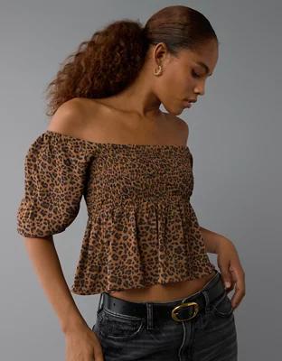 AE Leopard Smocked Puff Sleeve Babydoll Top Product Image