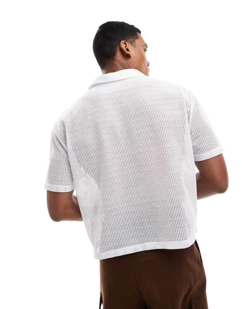 ASOS DESIGN cropped relaxed polo in white open mesh Product Image