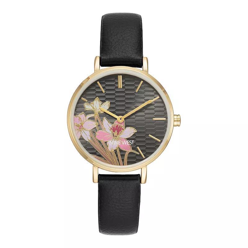 Nine West Womens Flower Dial Black Strap Watch Product Image