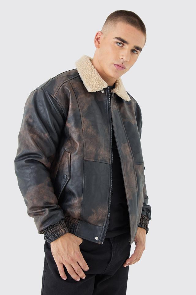 Boxy Fit Washed PU Borg Collar Bomber Jacket In Brown | boohooMAN USA Product Image