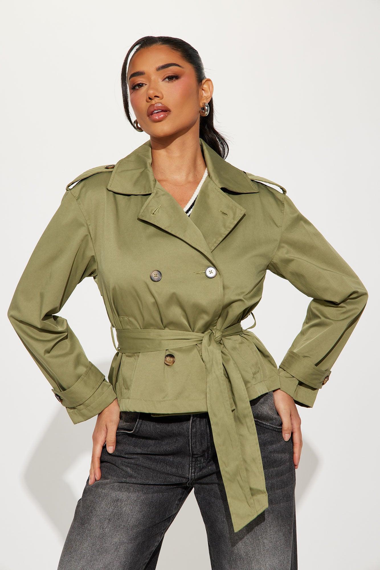 Maple Belted Cropped Trench Coat - Olive Product Image