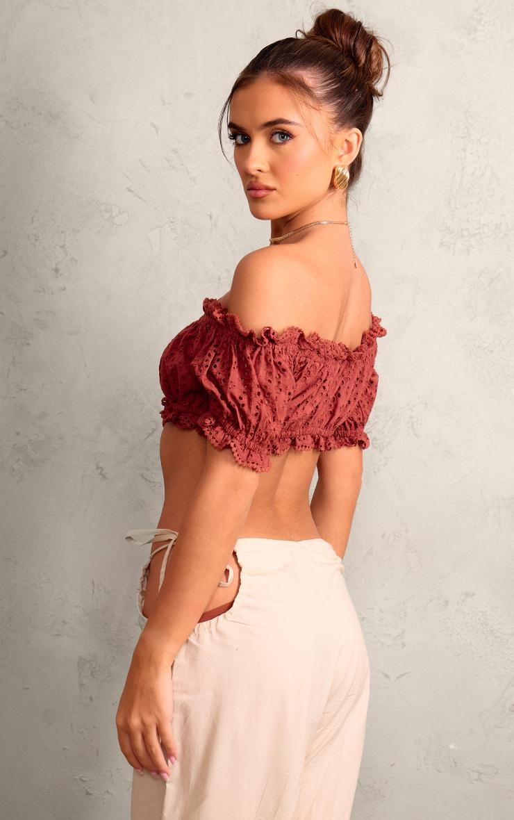 Chocolate Broderie Anglaise Bardot Puff Sleeve Crop Top Product Image