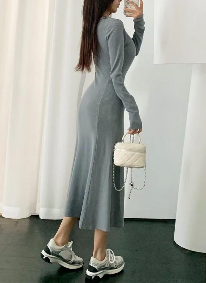 Long-Sleeve Collared Knit Midi A-Line Dress Product Image