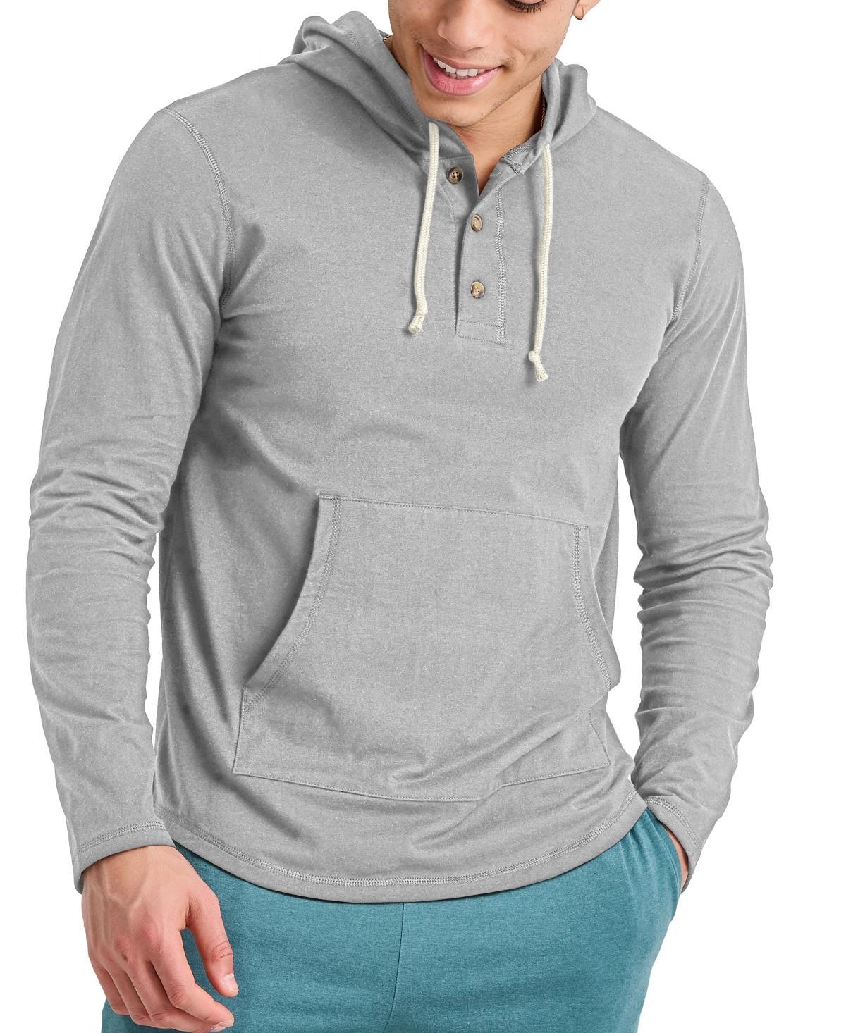 Mens Hanes Originals Cotton Henley Hoodie Blue Product Image