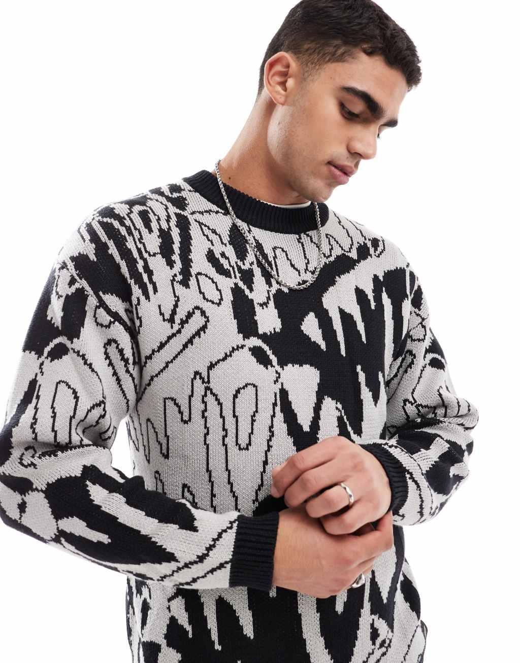 Pull&bear stwd graphic knitted sweater in gray Product Image