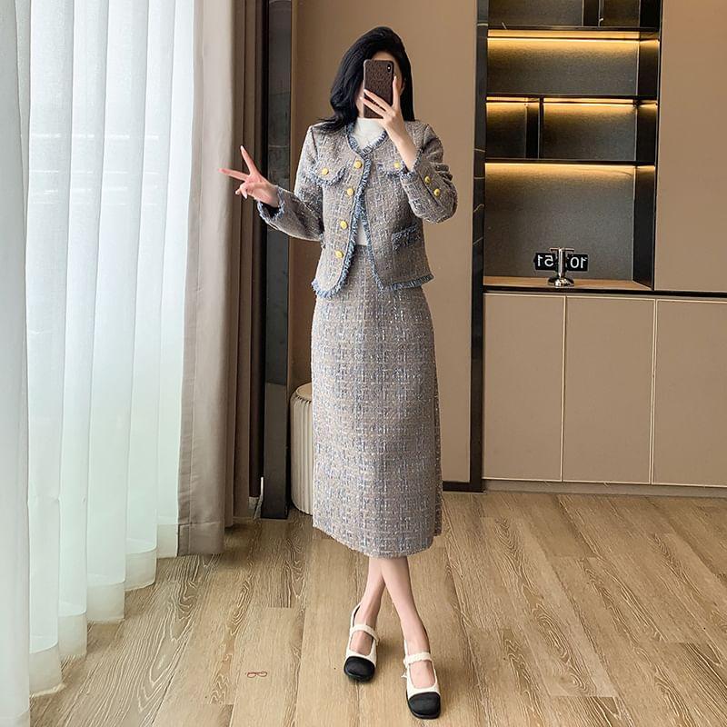 Crew Neck Fringed Contrast Trim Tweed Button Jacket / High Rise Slit Midi H-Line Skirt / Long-Sleeve Mock Neck Plain Knit Top / Set Product Image